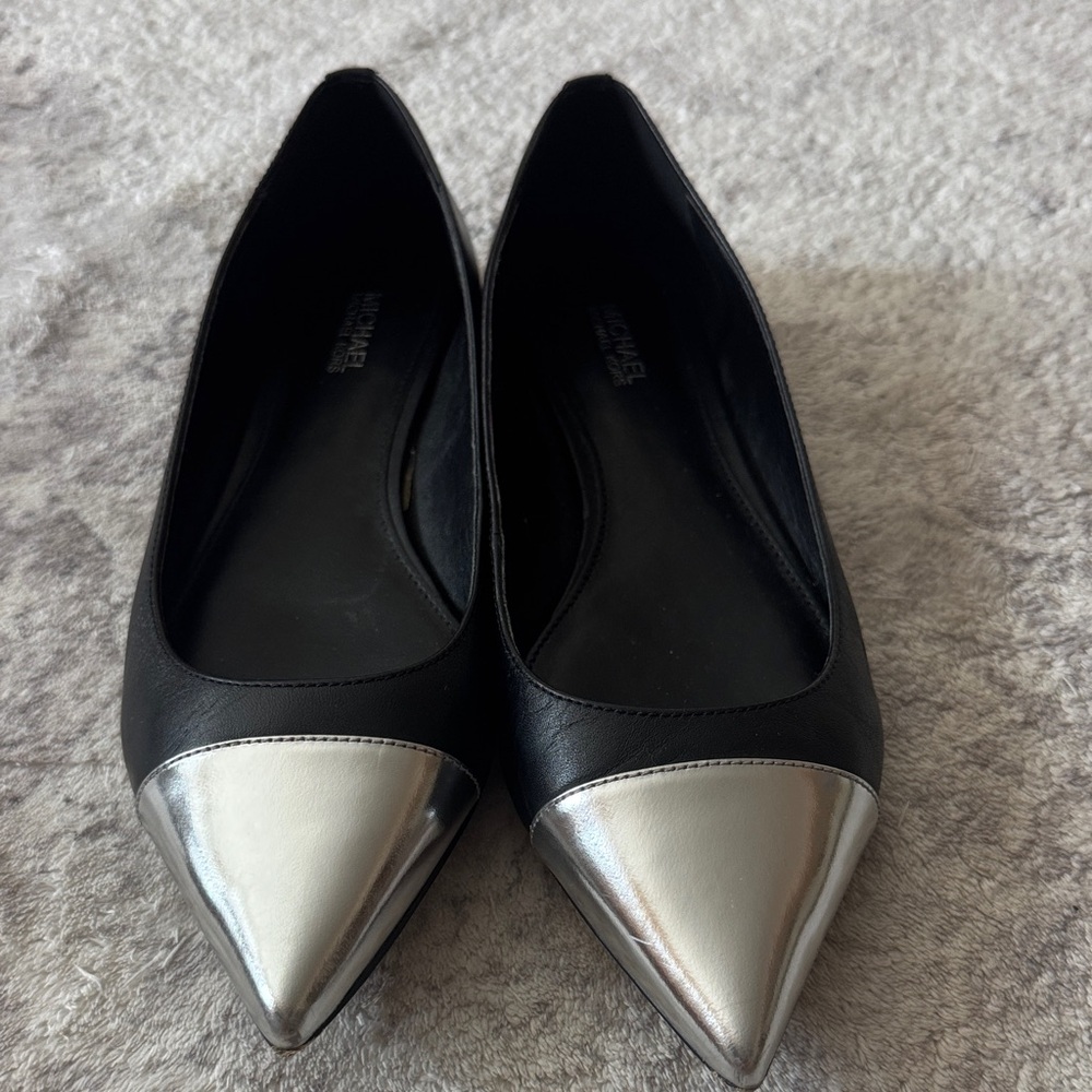 Michael Kors Black Flats with Metallic Silver Pointed Toe